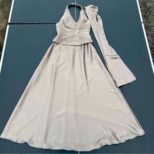 Elegant Halter Neck Evening Gown Silver Satin